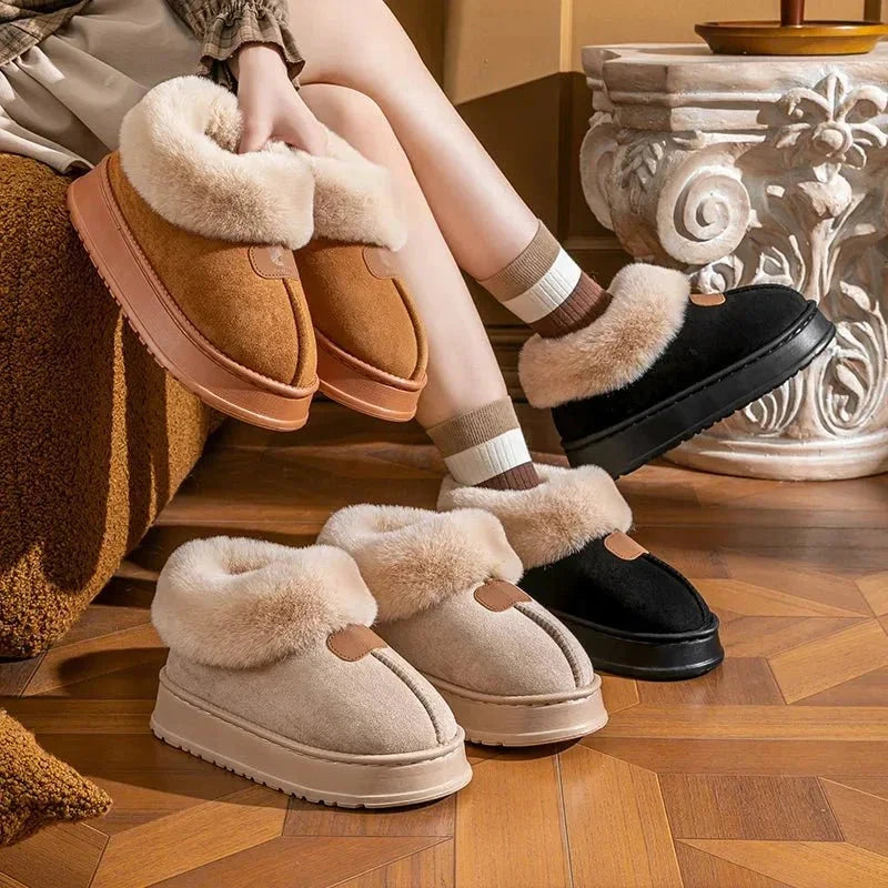 Women's platform slippers in a suede look with a fold-down faux fur collar and thick rubber sole - view 2