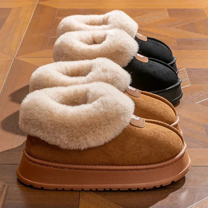 Women's platform slippers in a suede look with a fold-down faux fur collar and thick rubber sole - view 3