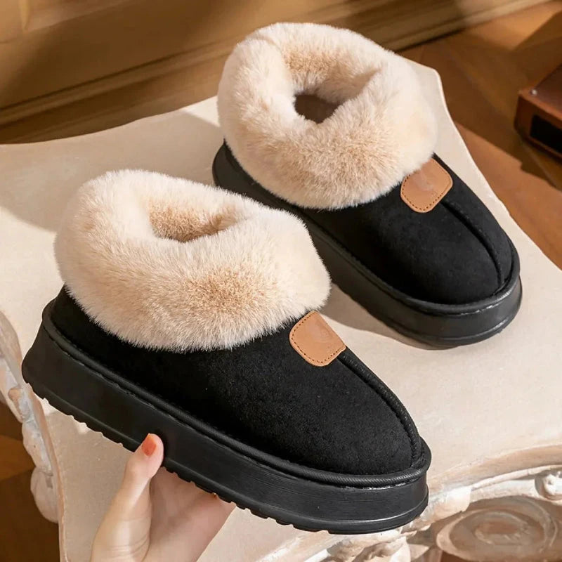 Women's platform slippers in a suede look with a fold-down faux fur collar and thick rubber sole - black