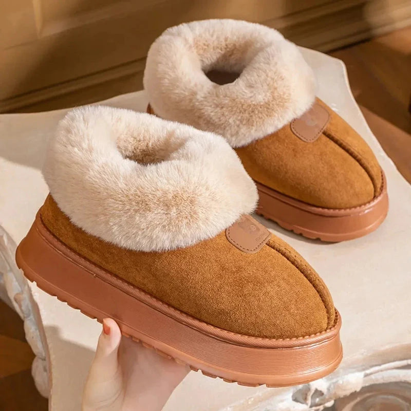 Women's platform slippers in a suede look with a fold-down faux fur collar and thick rubber sole - camel