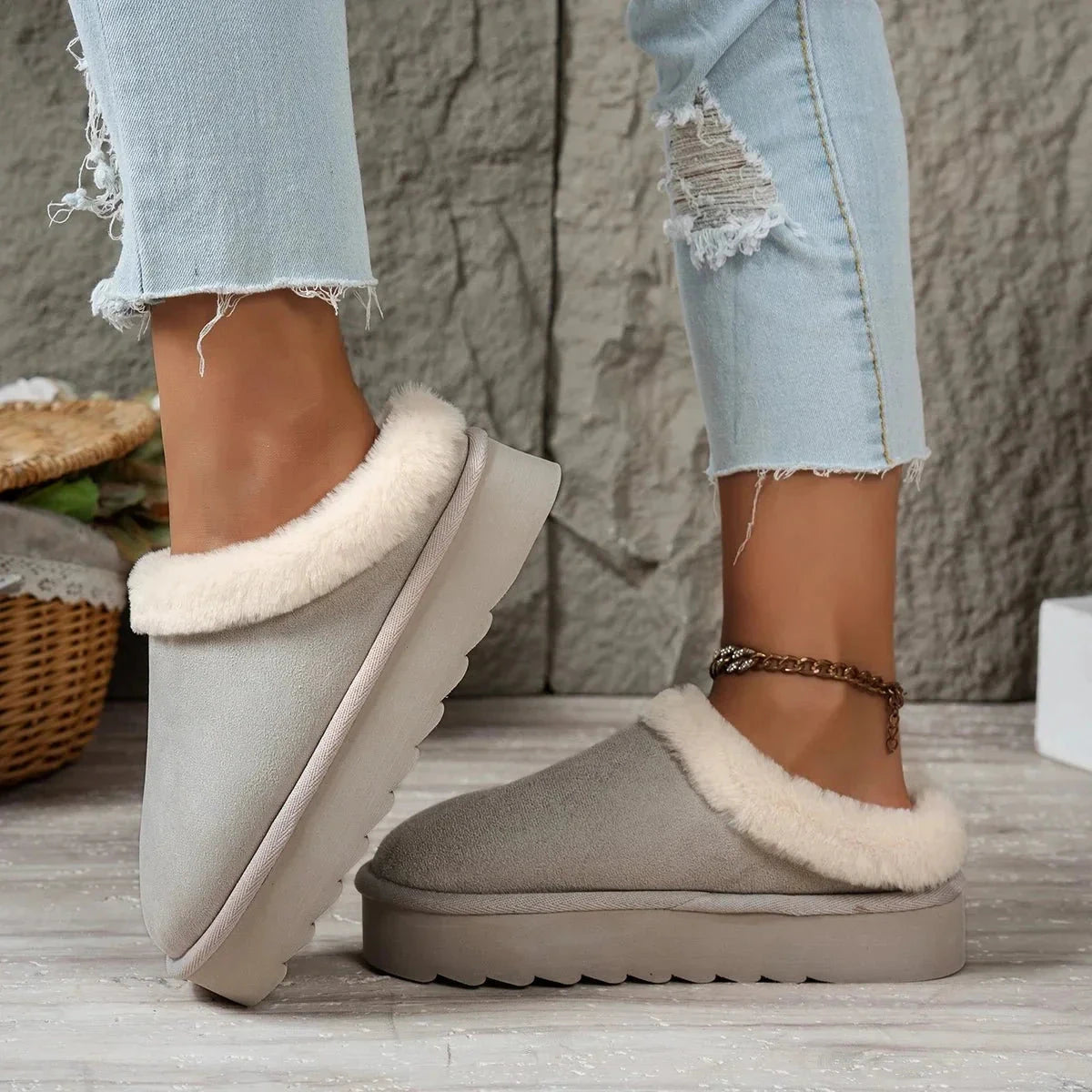 Women's platform slippers in suede look with plush trim and a thick ridged sole