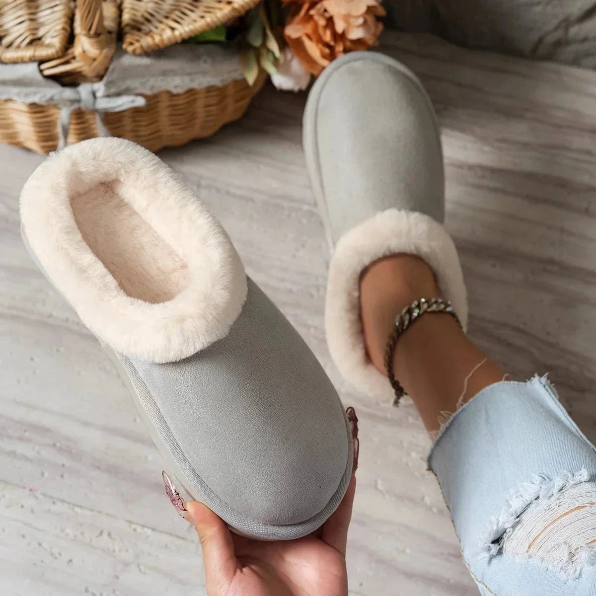 Women's platform slippers in suede look with plush trim and a thick ridged sole - light grey