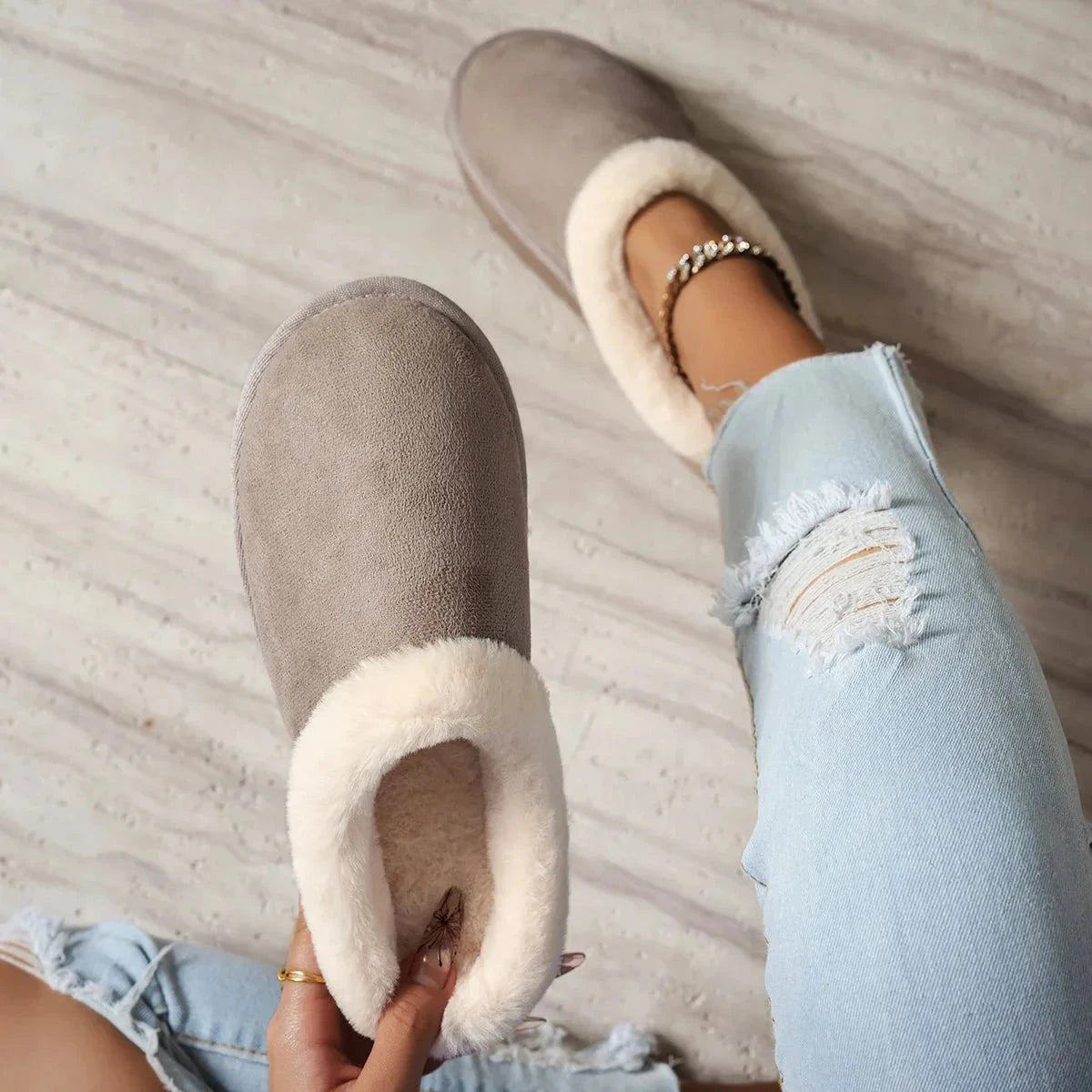Women's platform slippers in suede look with plush trim and a thick ridged sole - taupe
