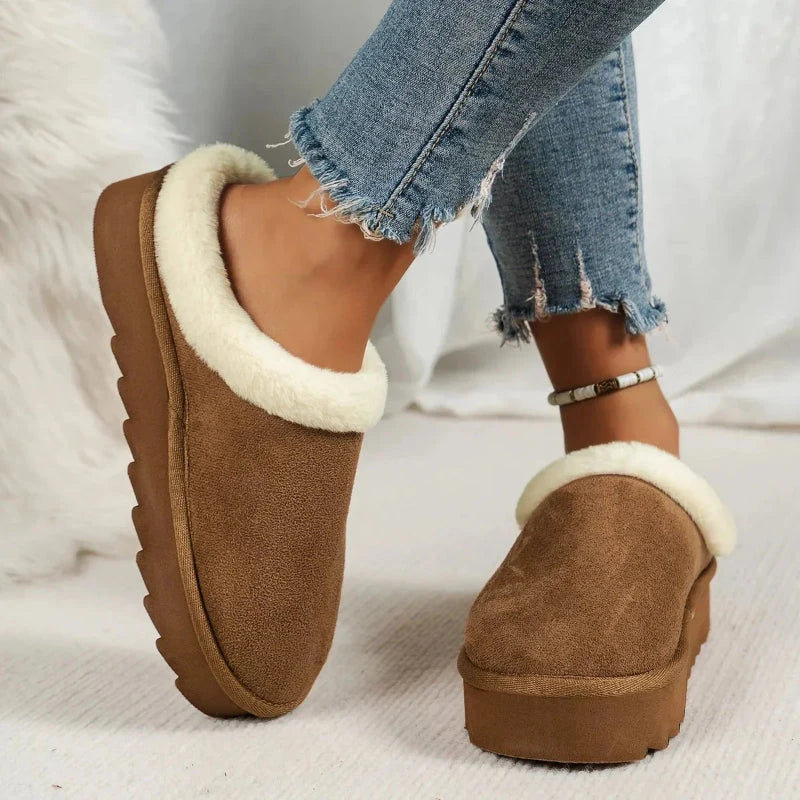 Women's platform slippers in suede look with plush trim and a thick ridged sole - view 4