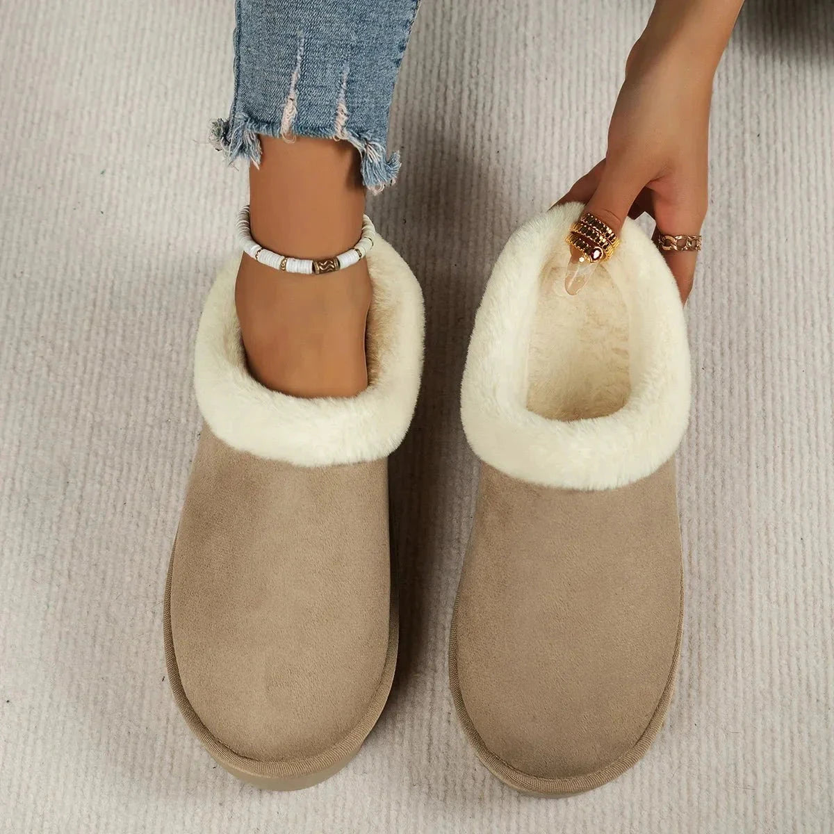 Women's platform slippers in suede look with plush trim and a thick ridged sole - beige
