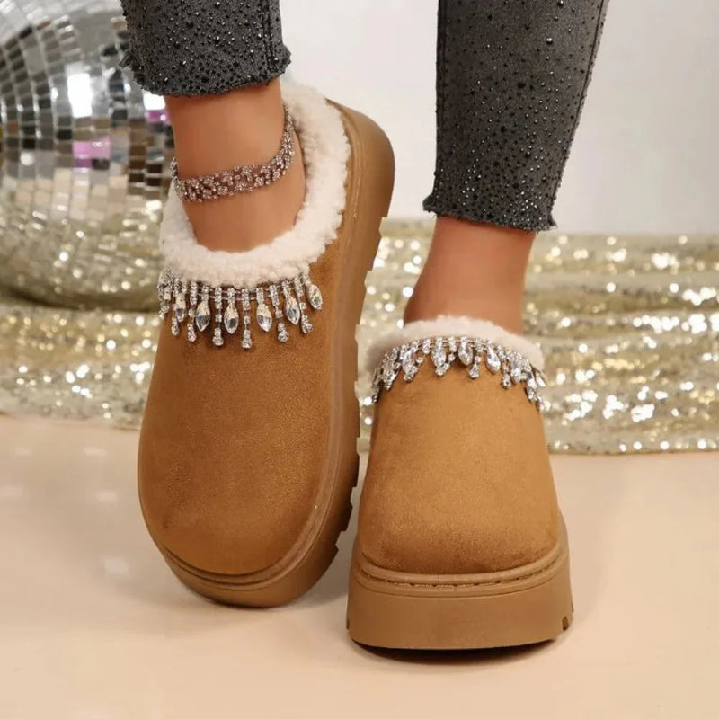 Platform slippers in a suede look with plush collar, rhinestone fringe and thick lug sole - camel