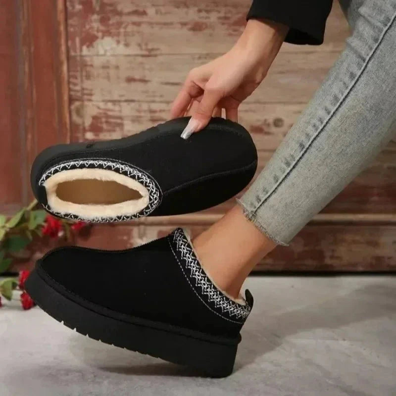 Platform slippers in a suede look with plush lining and embroidered trim - black