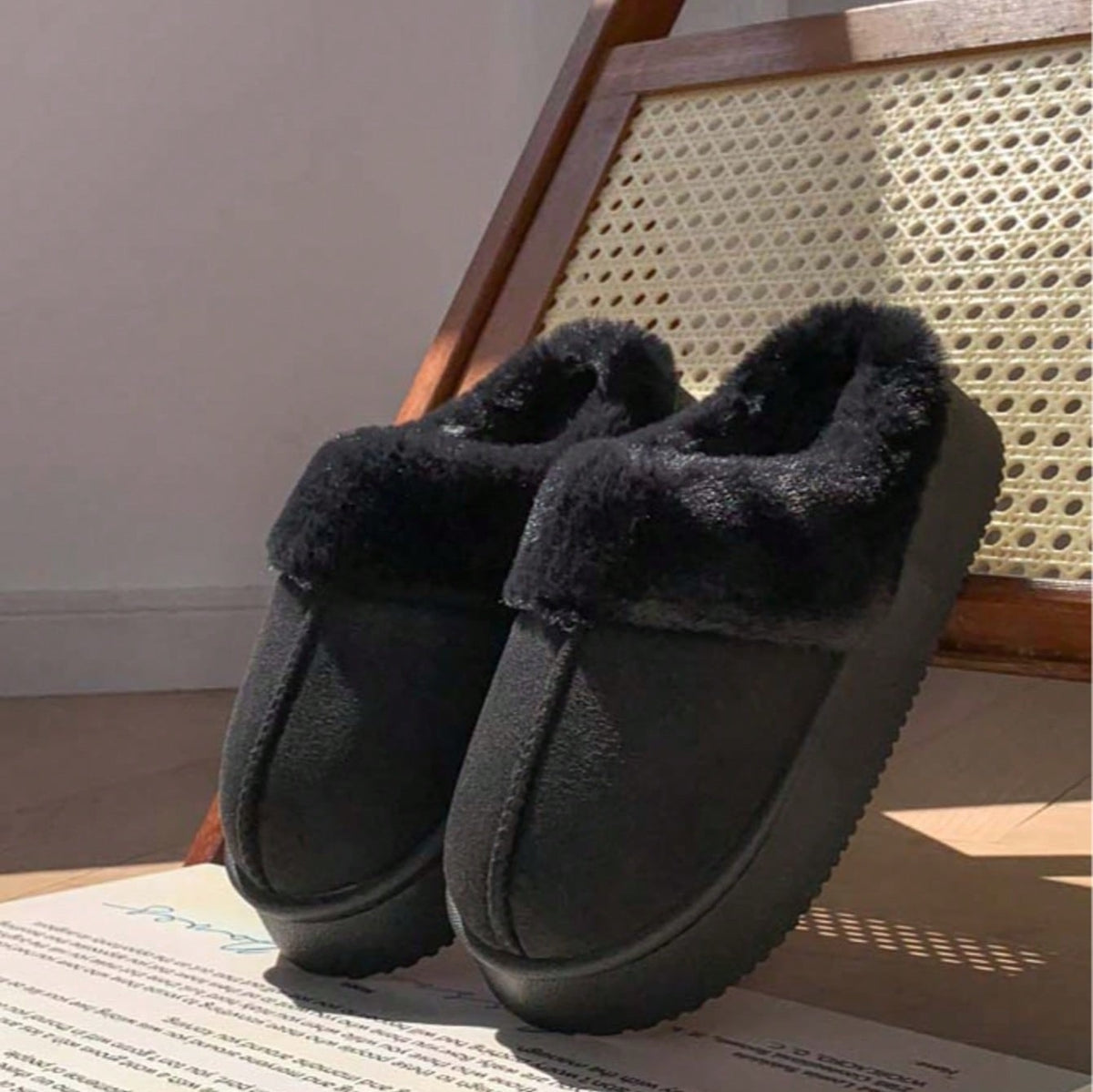 Platform slippers for women in suede look with a wide fold-over plush collar and thick sole - view 11