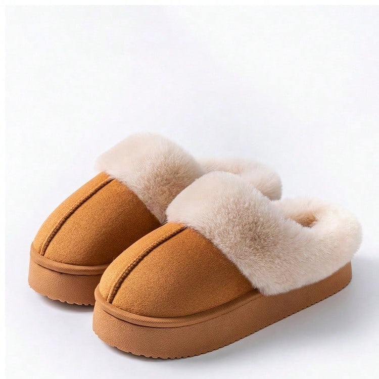 Platform slippers for women in suede look with a wide fold-over plush collar and thick sole - camel