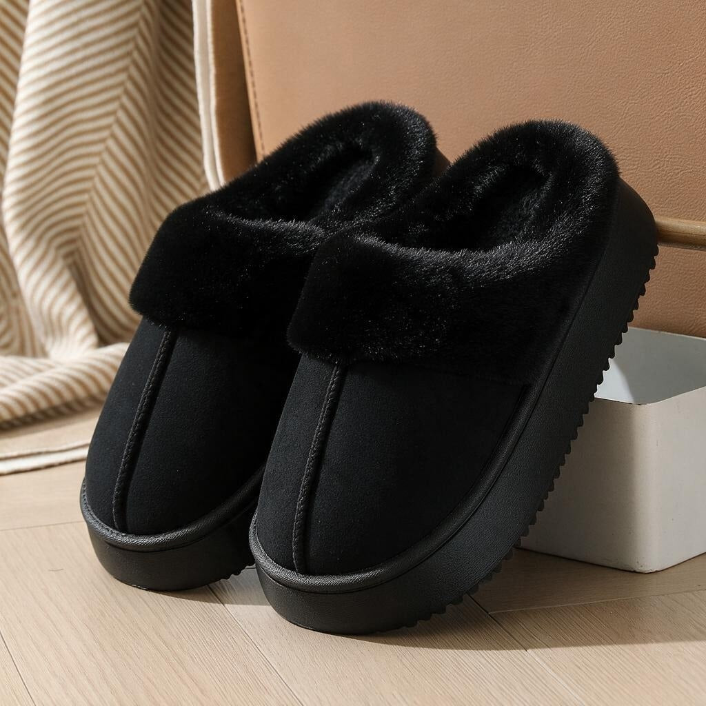 Platform slippers for women in suede look with a wide fold-over plush collar and thick sole - black