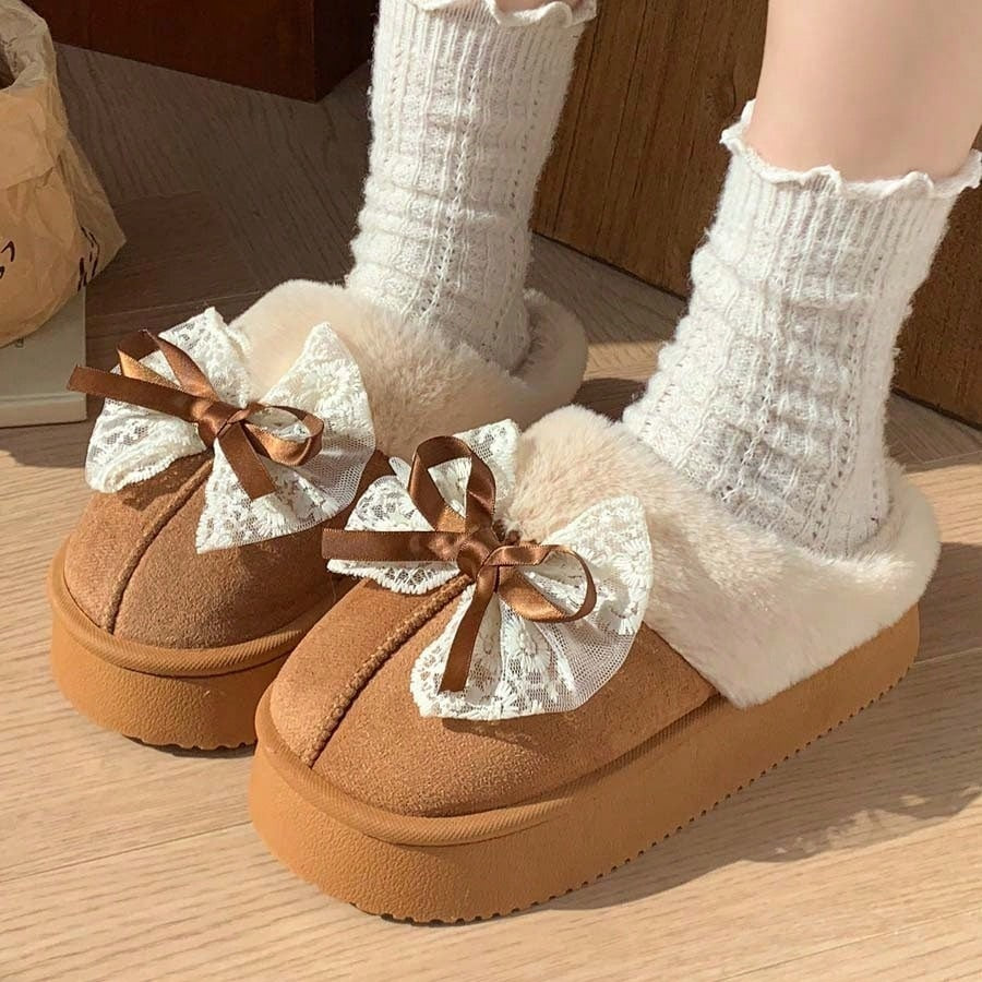 Platform slippers for women in suede look with a wide fold-over plush collar and thick sole - view 7
