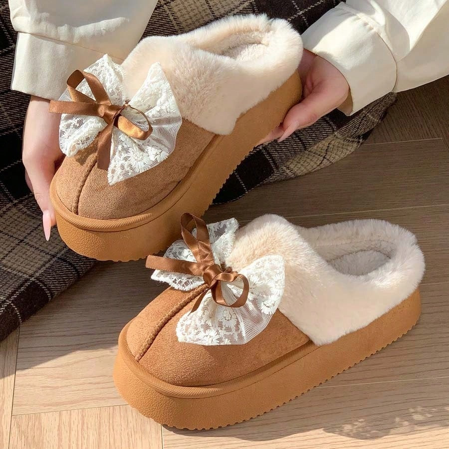 Platform slippers for women in suede look with a wide fold-over plush collar and thick sole - view 8