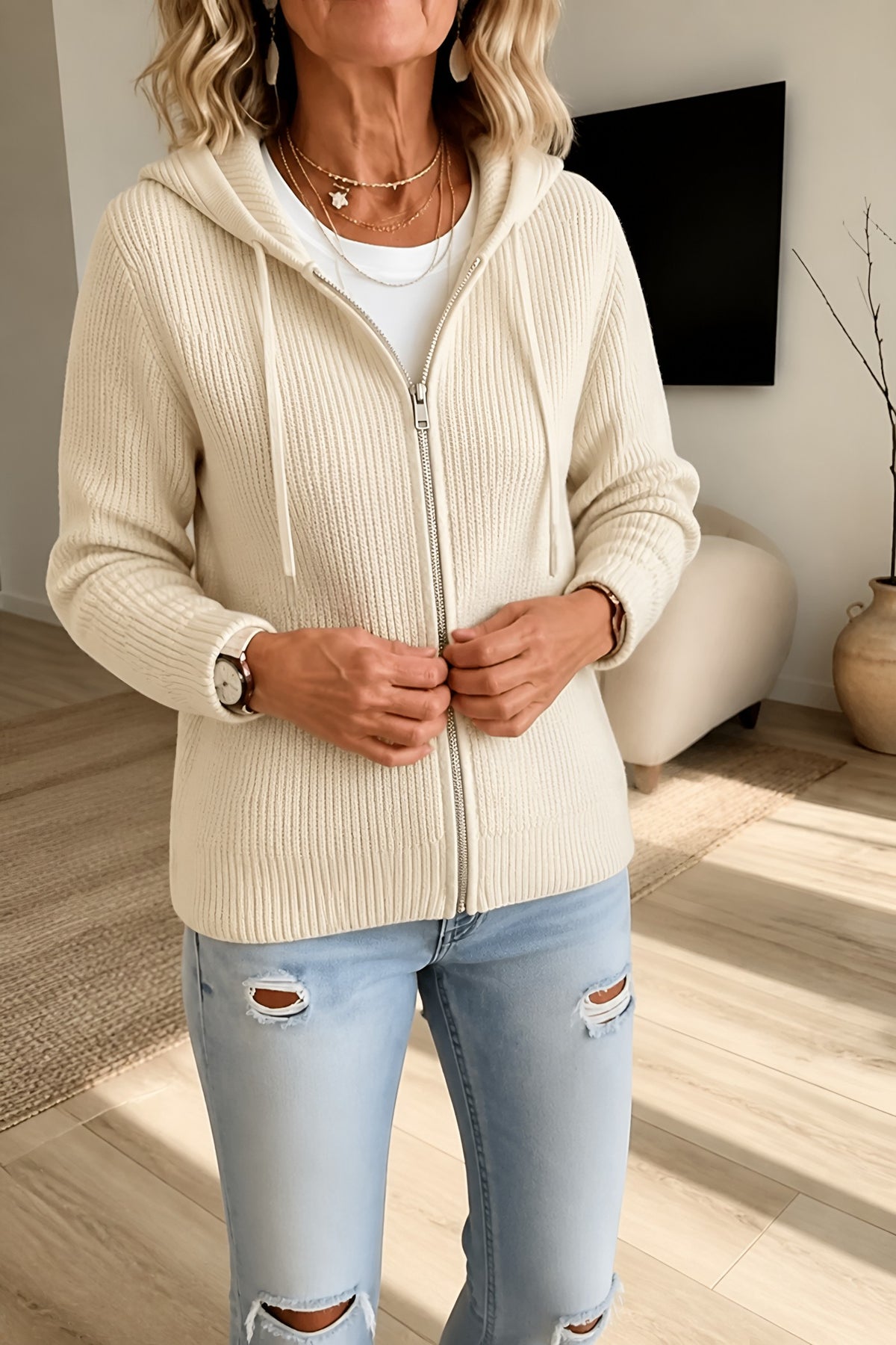 Women's ribbed knit zip cardigan with hood in off white