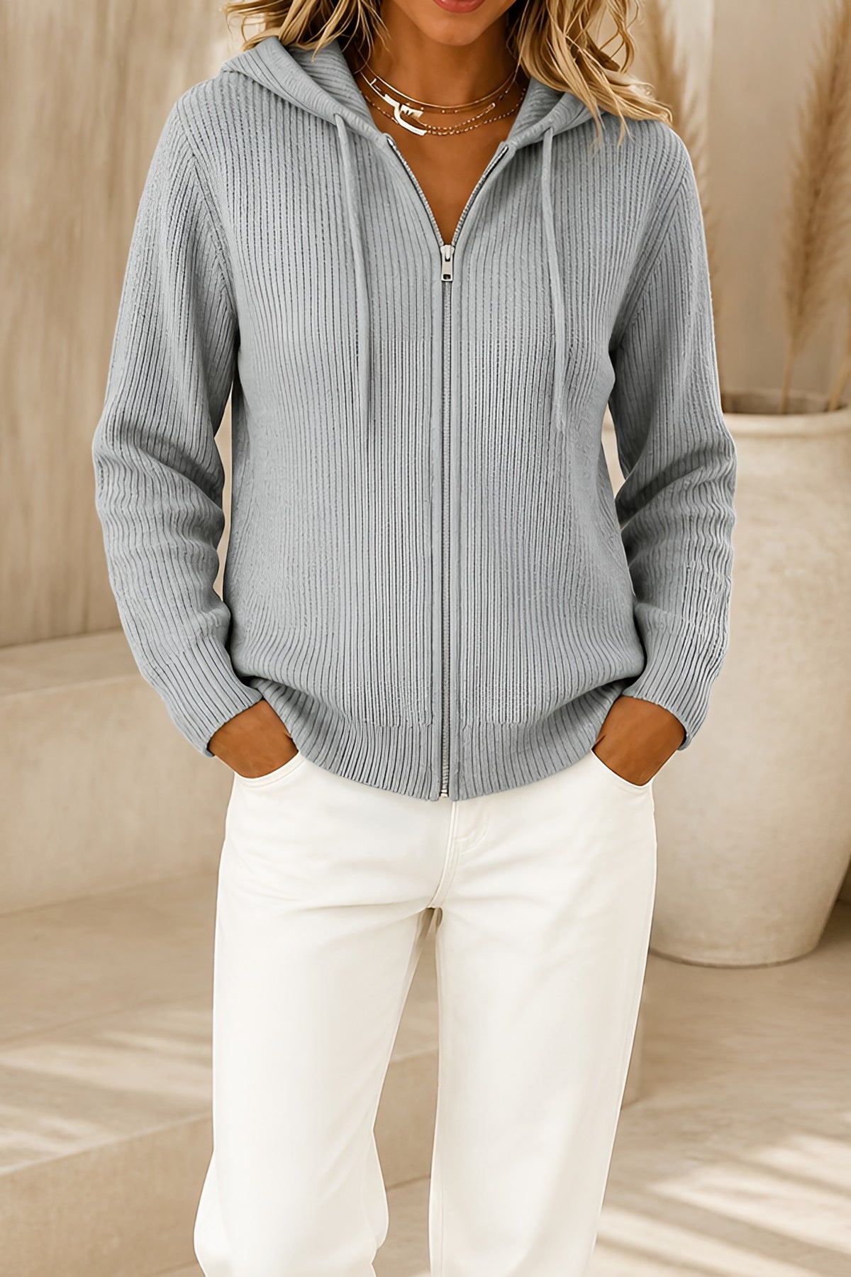 Women's ribbed knit zip cardigan with hood in grey