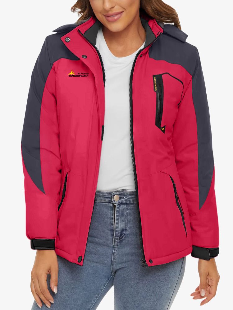 Women's ski jacket with fleece lining, a hood and zipped pockets - raspberry red