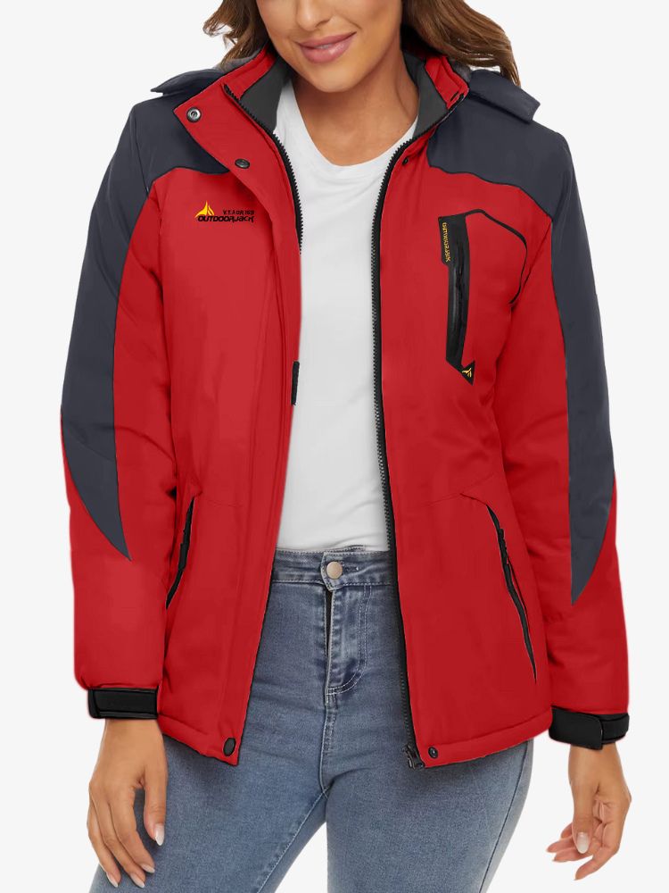 Women's ski jacket with fleece lining, a hood and zipped pockets - red