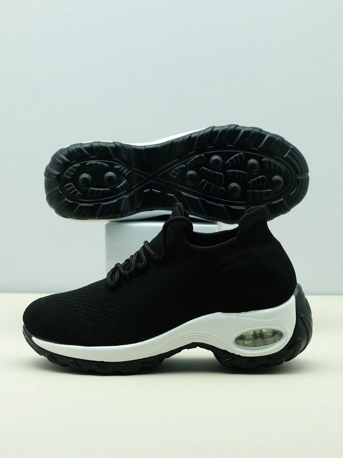 Slip-on trainers for women with knit sock collar, decorative laces and thick air cushion sole - view 11