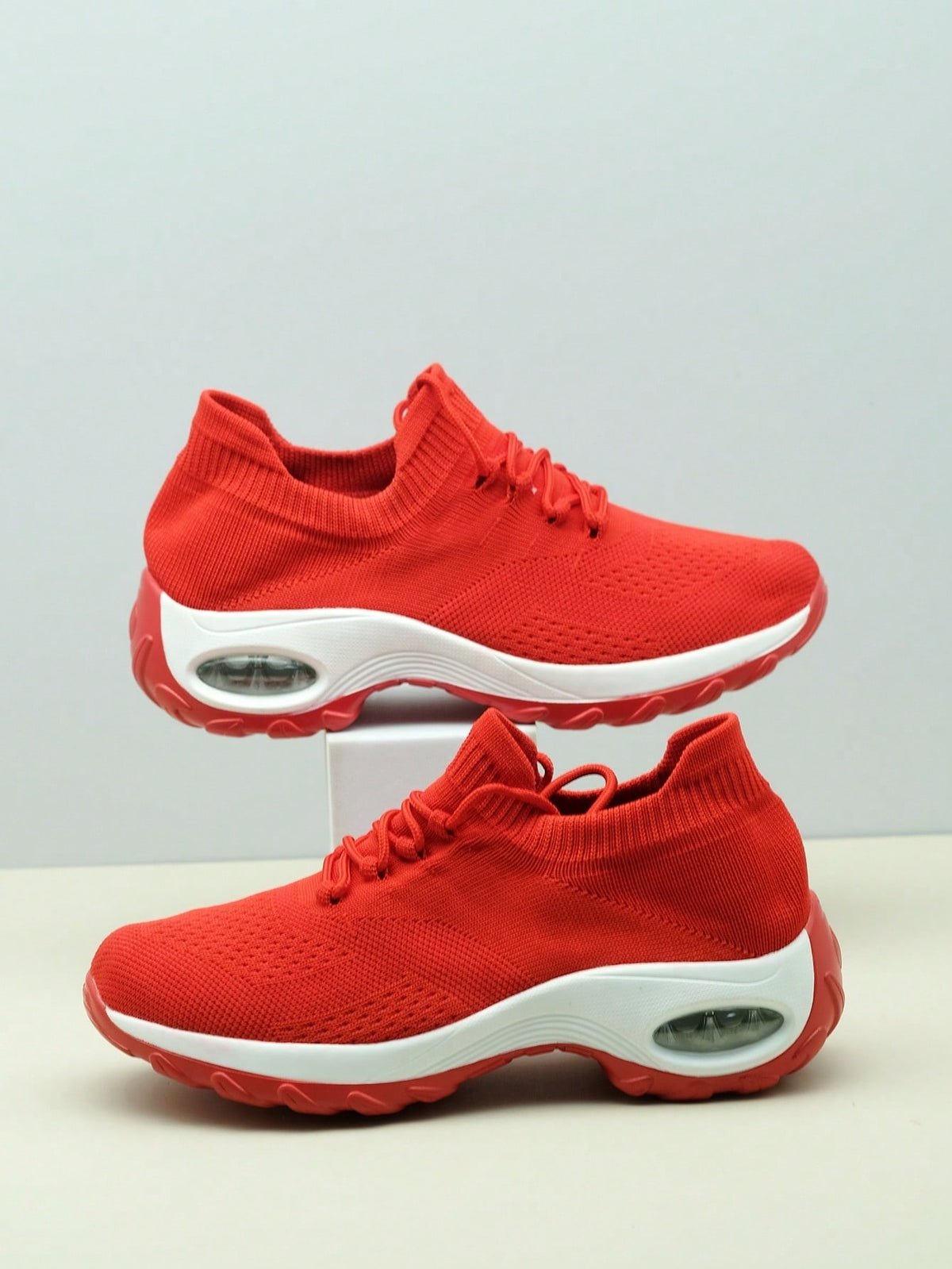 Slip-on trainers for women with knit sock collar, decorative laces and thick air cushion sole - view 14