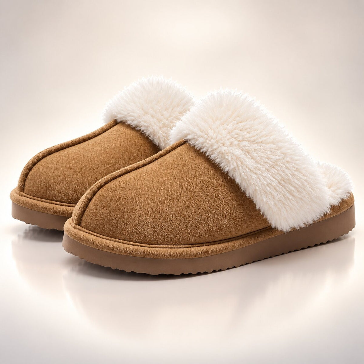 Women's suede-look slippers with memory foam and a wide plush collar - camel