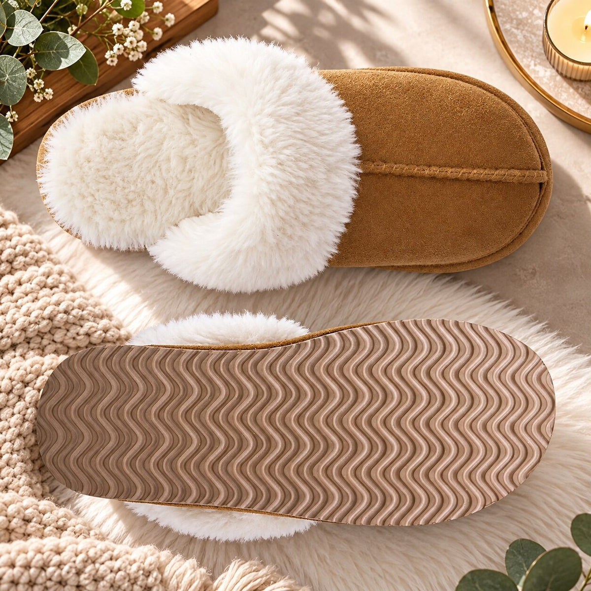 Women's suede-look slippers with memory foam and a wide plush collar - view 3