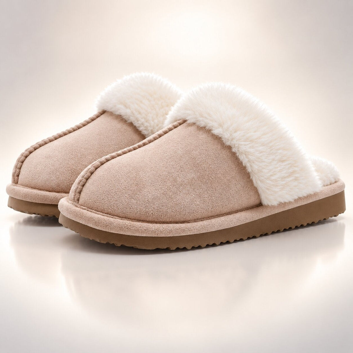 Women's suede-look slippers with memory foam and a wide plush collar - powder pink
