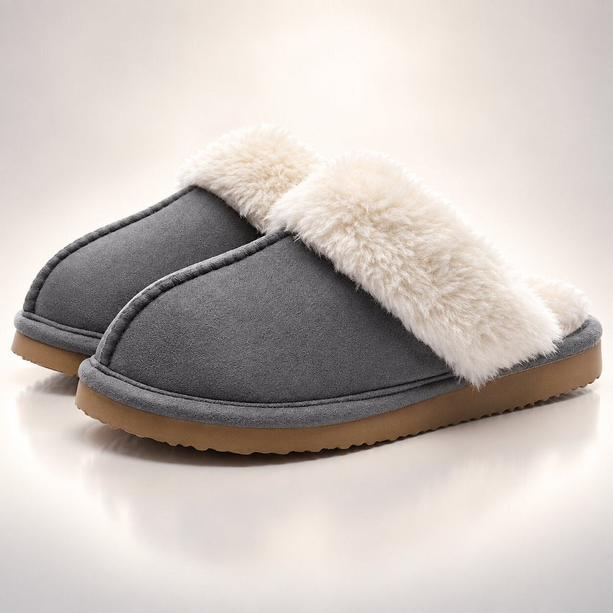 Women's suede-look slippers with memory foam and a wide plush collar - grey