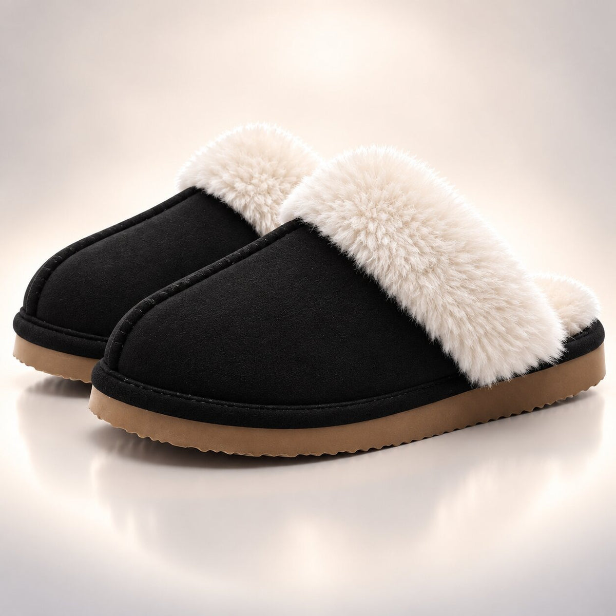Women's suede-look slippers with memory foam and a wide plush collar - black
