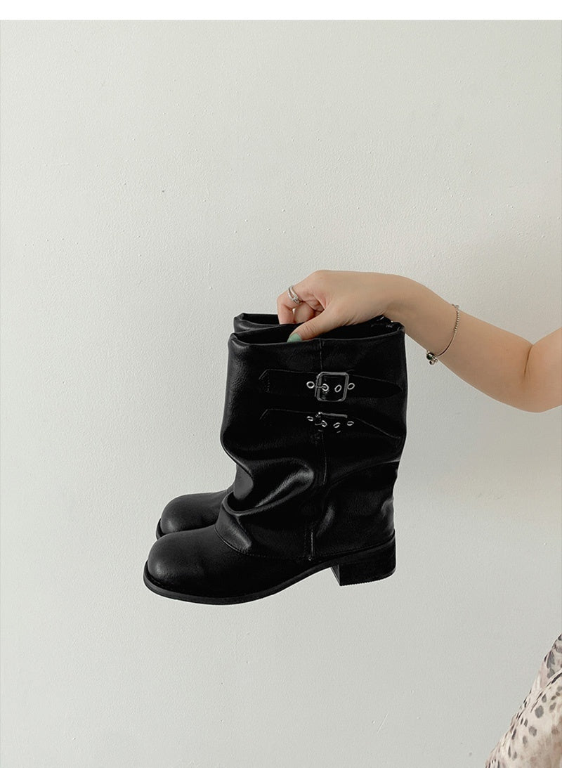 Women's slouch ankle boots in PU leather with two buckle straps and a ruched shaft - view 19