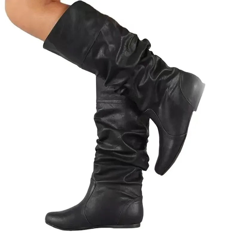 Women's slouch boots in PU leather with a ruched shaft and flat sole - view 14