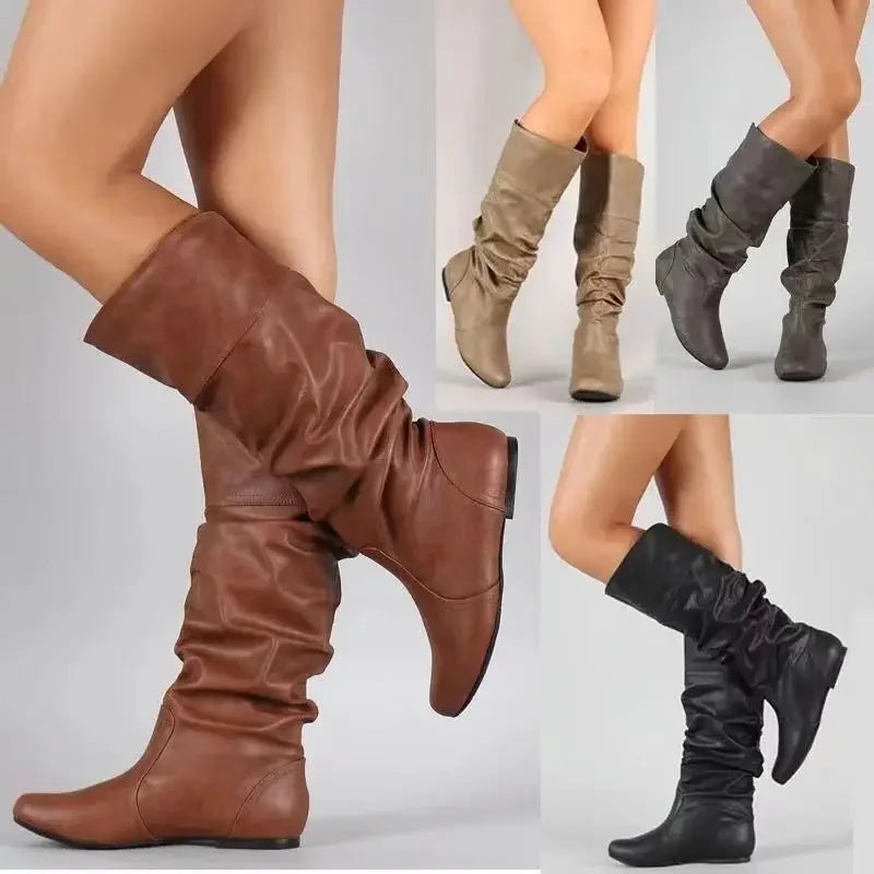 Women's slouch boots in PU leather with a ruched shaft and flat sole - view 15