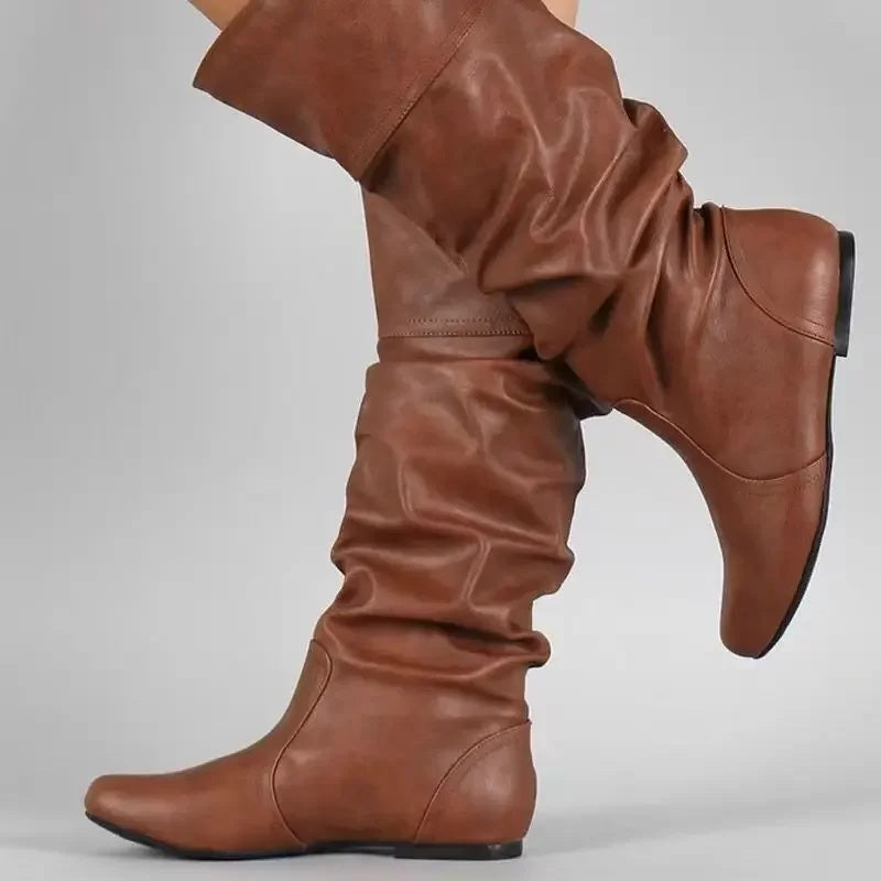 Women's slouch boots in PU leather with a ruched shaft and flat sole - view 16