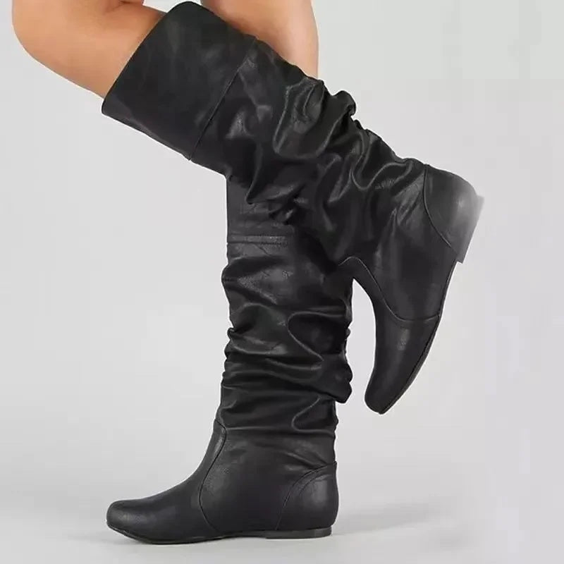 Women's slouch boots in PU leather with a ruched shaft and flat sole - view 8