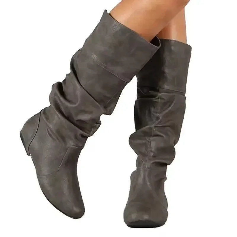 Women's slouch boots in PU leather with a ruched shaft and flat sole - view 9