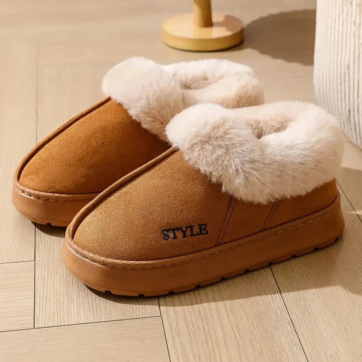 Women's short snow boots in suede look with wide plush collar and thick platform sole - camel