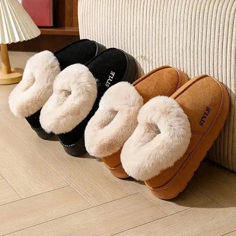 Women's short snow boots in suede look with wide plush collar and thick platform sole - view 8
