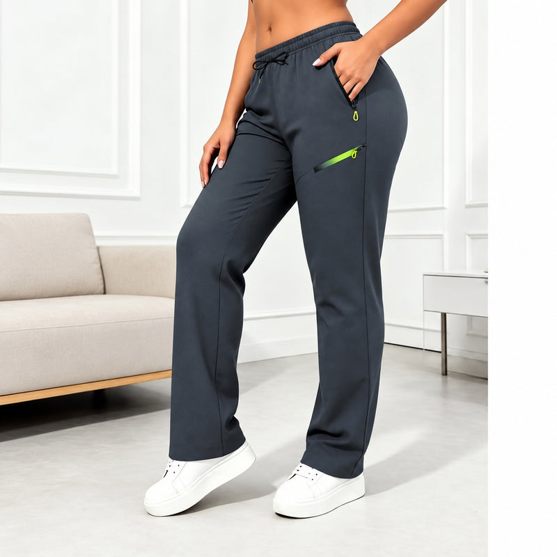 Women's straight-leg tracksuit bottoms with a drawstring and neon yellow zip pockets - charcoal
