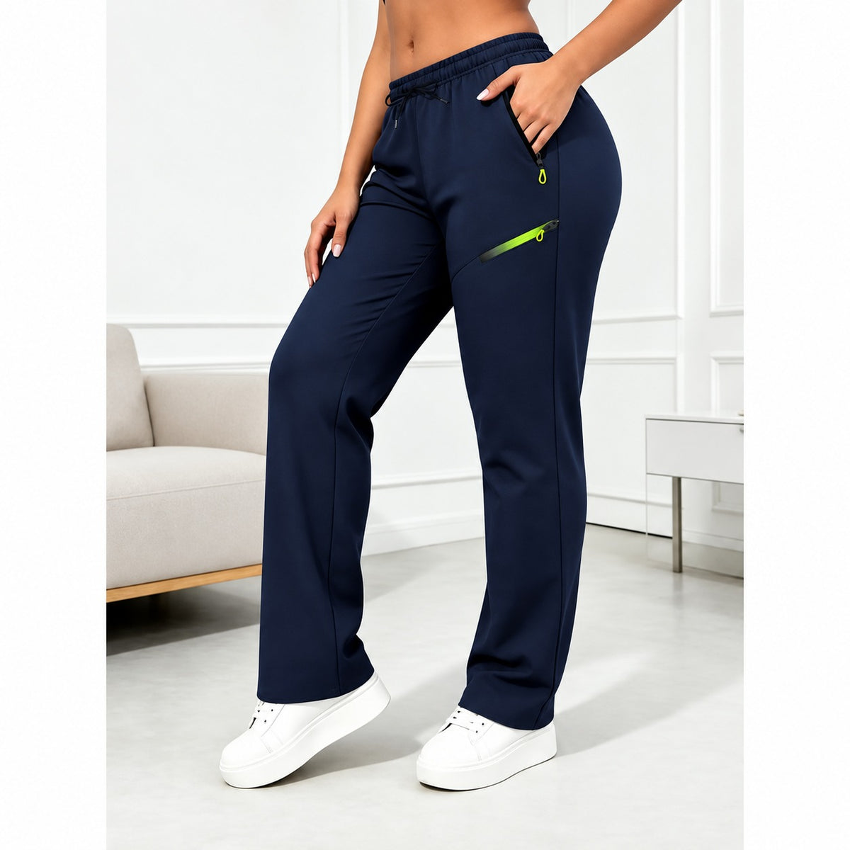 Women's straight-leg tracksuit bottoms with a drawstring and neon yellow zip pockets - navy