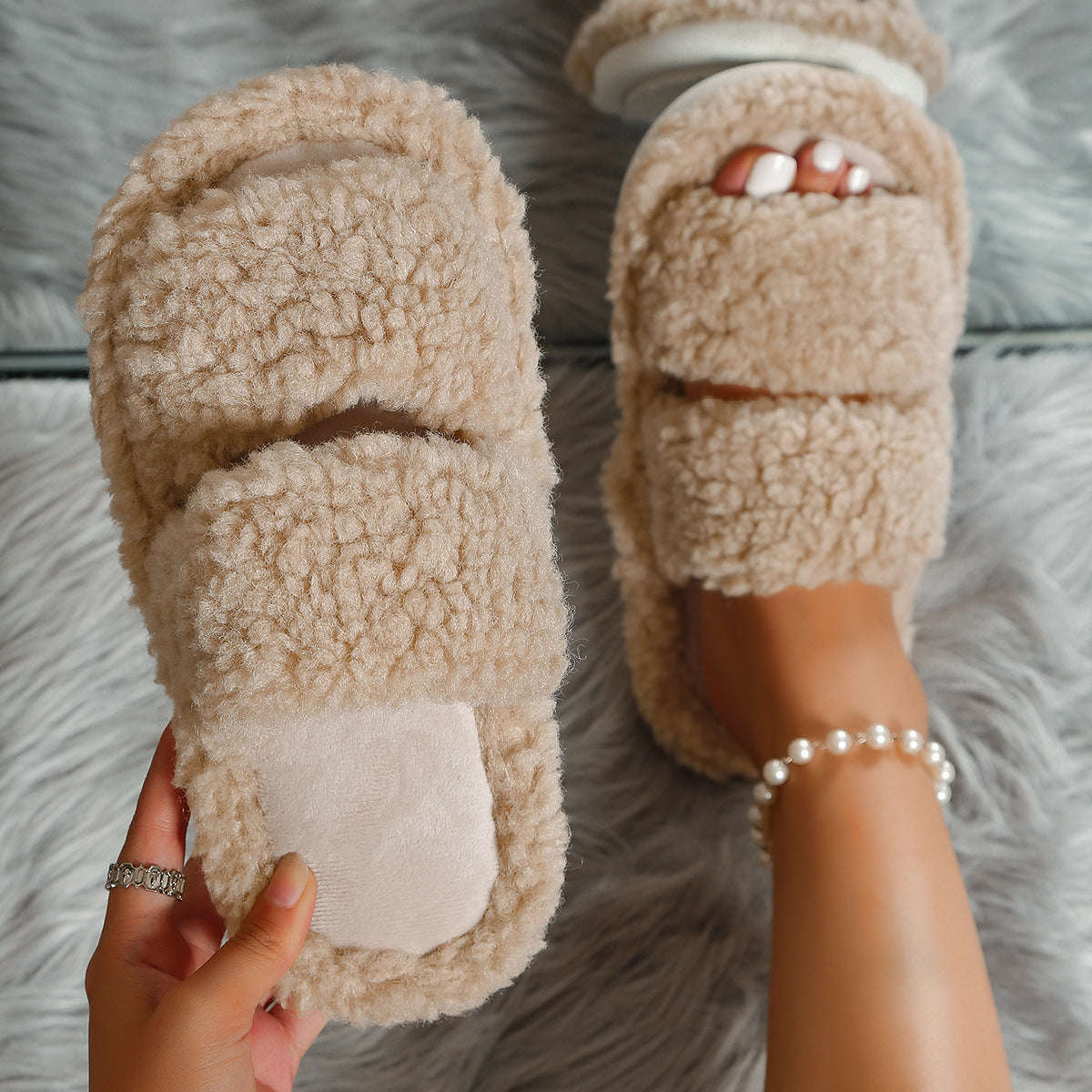 Open-toe slippers with two wide teddy bands, a plush footbed and white sole - view 5