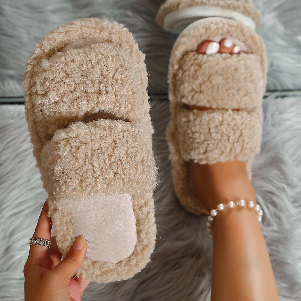 Open-toe slippers with two wide teddy bands, a plush footbed and white sole - view 6