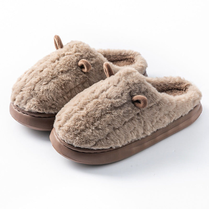 Teddy slippers for women with two little ears on the toe, plush lining and thick sole - brown