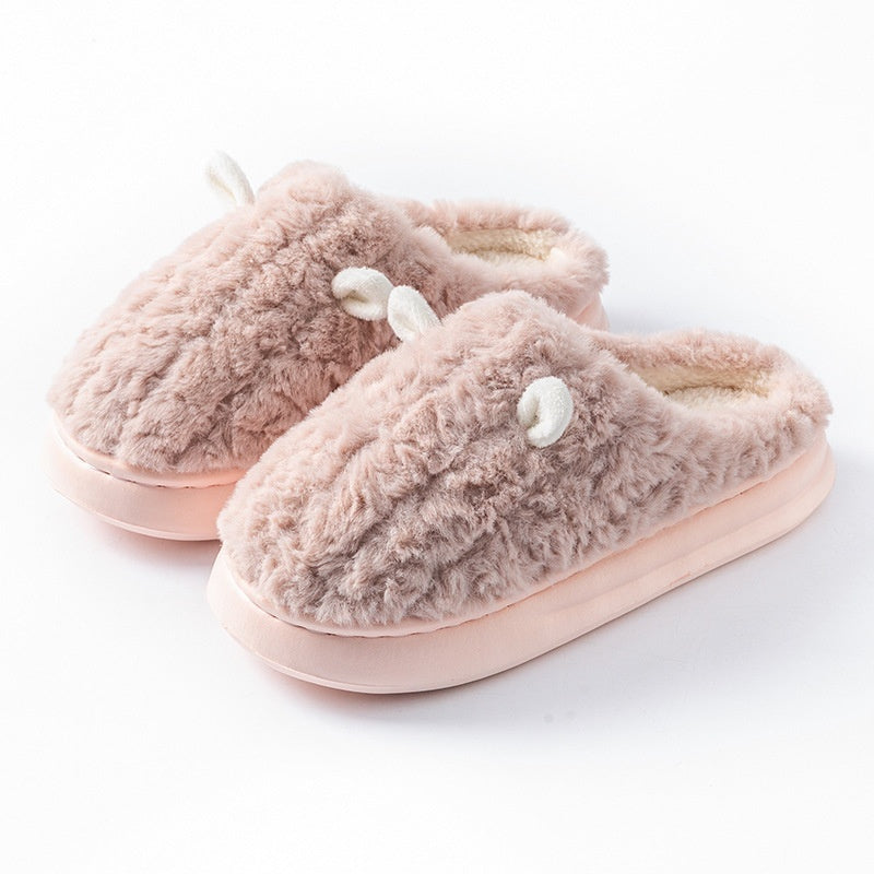 Teddy slippers for women with two little ears on the toe, plush lining and thick sole - pink