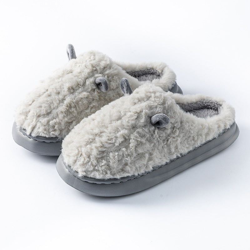 Teddy slippers for women with two little ears on the toe, plush lining and thick sole - grey