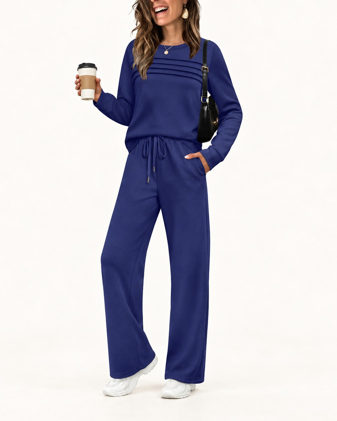 Women's two-piece set with a pleated top and wide-leg drawstring trousers - royal blue