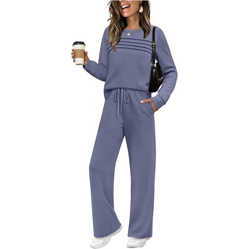Women's two-piece set with a pleated top and wide-leg drawstring trousers - dusty blue