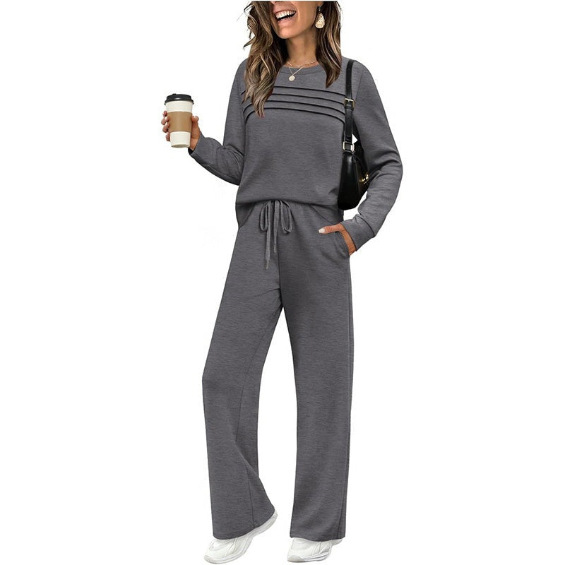 Women's two-piece set with a pleated top and wide-leg drawstring trousers - dark grey