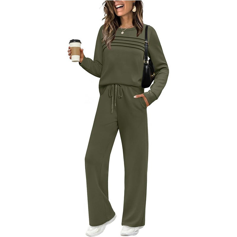 Women's two-piece set with a pleated top and wide-leg drawstring trousers - olive