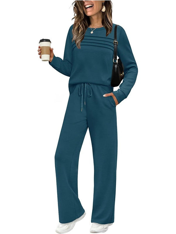 Women's two-piece set with a pleated top and wide-leg drawstring trousers - teal