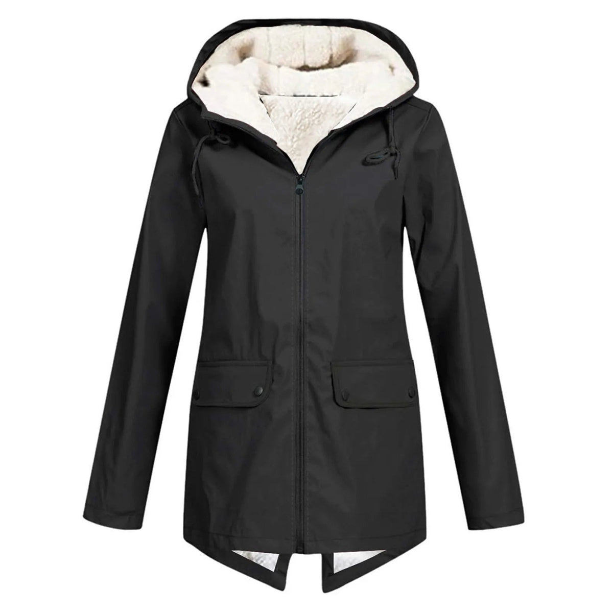 Women's water-repellent hooded parka with a sherpa lining and flap pockets - black