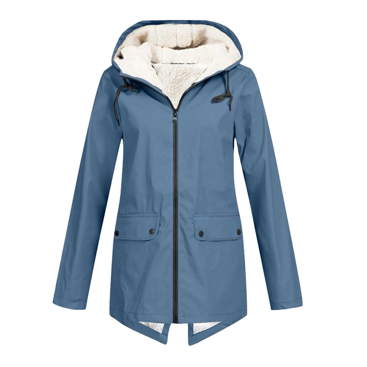Women's water-repellent hooded parka with a sherpa lining and flap pockets - denim blue