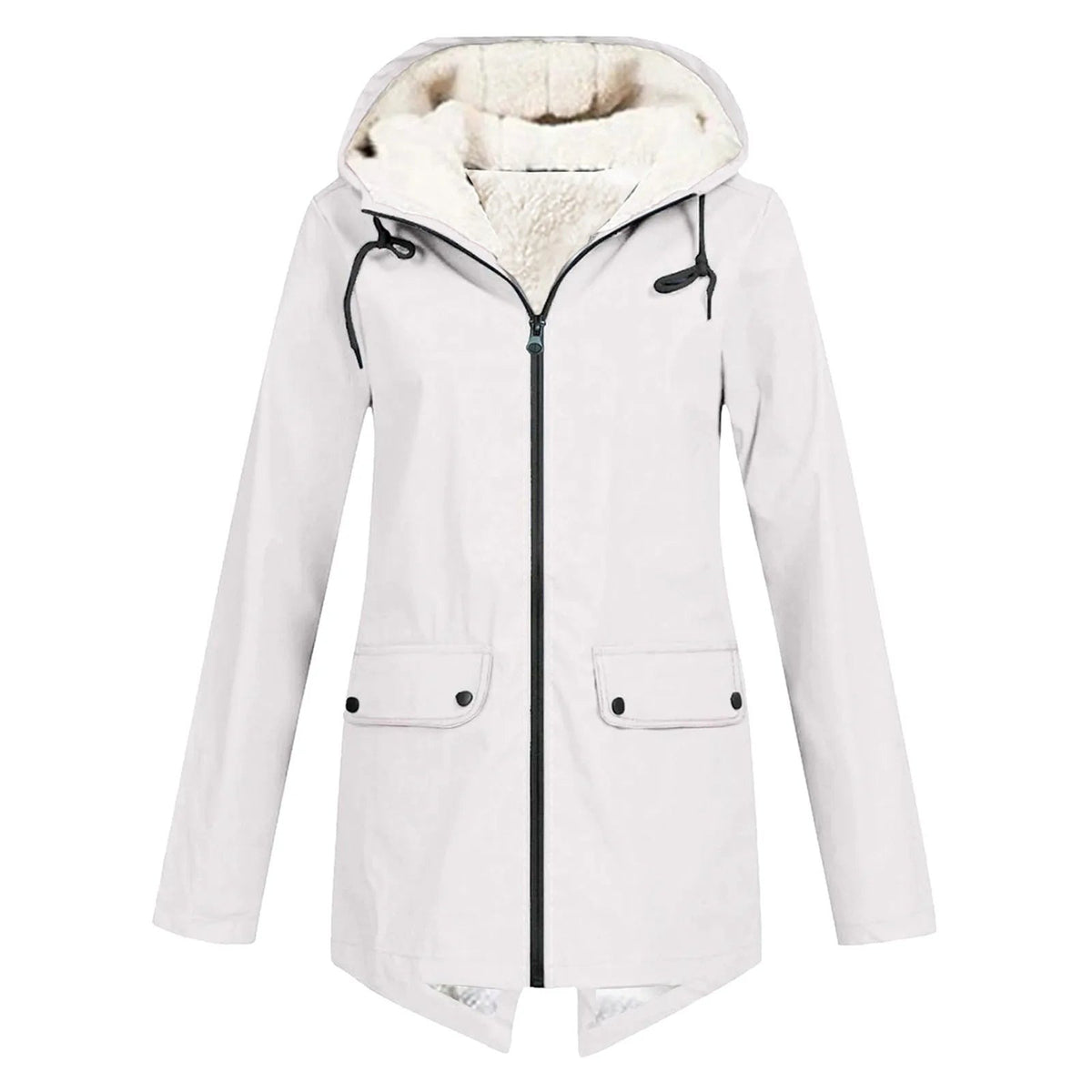 Women's water-repellent hooded parka with a sherpa lining and flap pockets - white